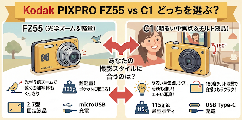 Kodak PIXPRO FZ55とC1の違いを比較